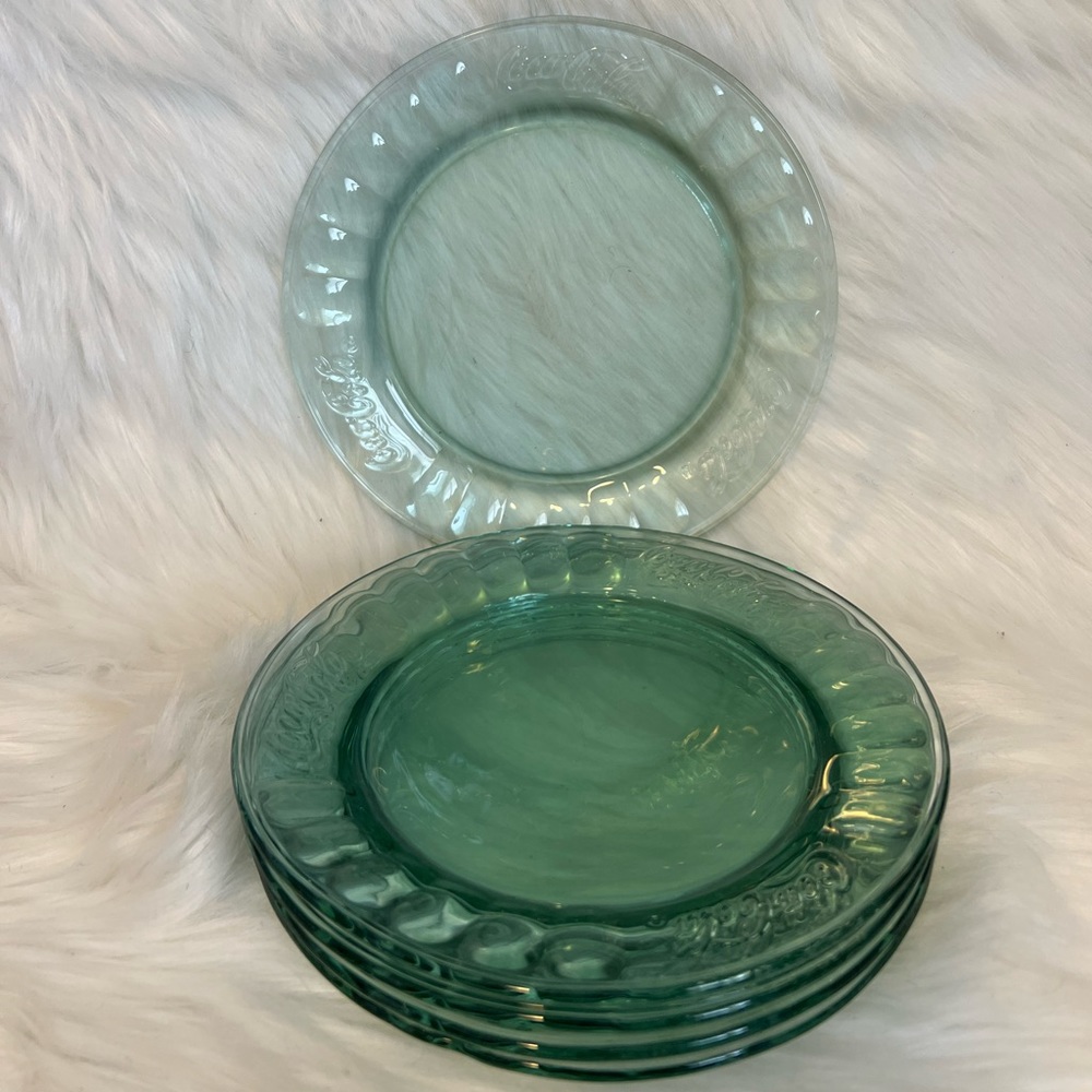 Coca cola green glass dessert plate x 5